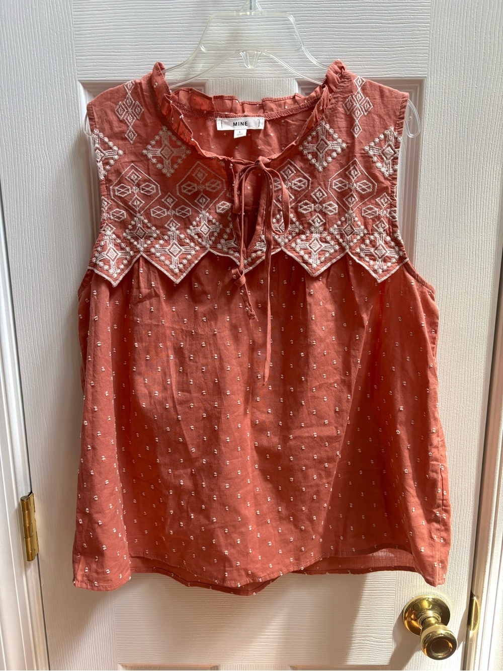 Anthropologie MINE Peach Cottagecore Tie Tank w/ White Embroidery, Size L, NWOT - Picture 2 of 6